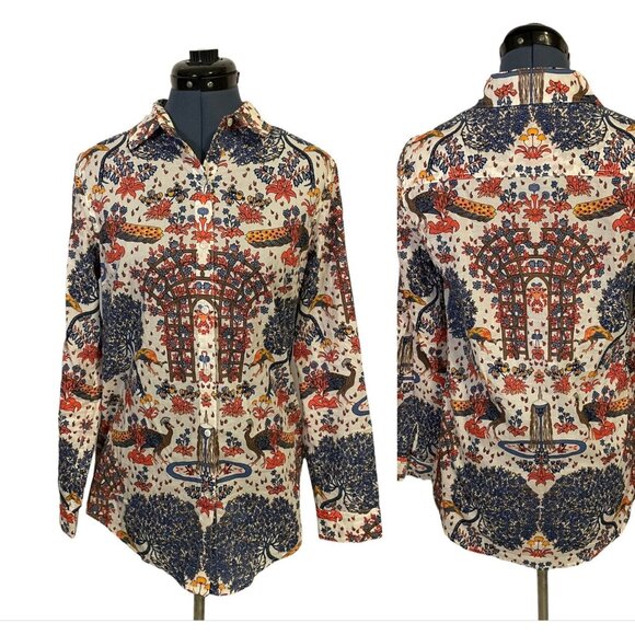 J McLaughlin Lois Blue Orange Floral Peacock Print Long Sleeve Buttoned Shirt - Picture 2 of 9